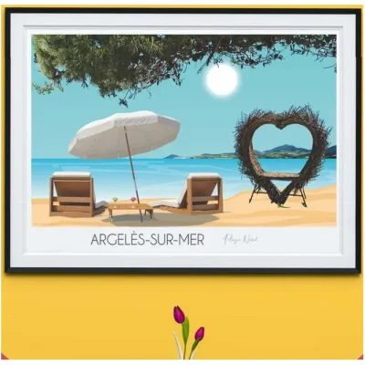 Affiche coeur Argelès sur mer plage Occitanie Pyrénées Orientales Foliove SOUVENIRS 100% Made in France