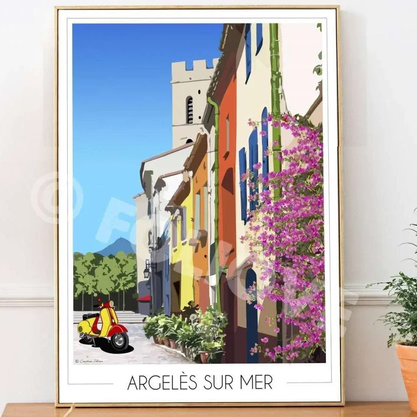 Affiche village d'Argelès sur Mer Pyrénées Orientales Occitanie Foliove SOUVENIRS 100% Made in France