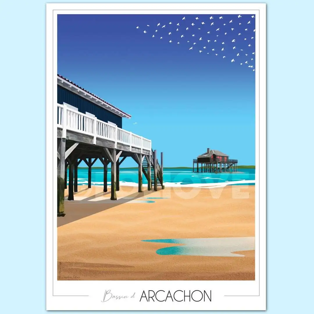 Affiche Bassin d'Arcachon Cabanes tchanquées Nouvelle Aquitaine Foliove SOUVENIRS 100% Made in France