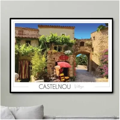 Affiche castelnou Pyrénées Orientales Occitanie Foliove SOUVENIRS 100% Made in France