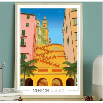Affiche Menton Escaliers Alpes Maritimes Provence Alpes Côte d'Azur Foliove SOUVENIRS 100% Made in France