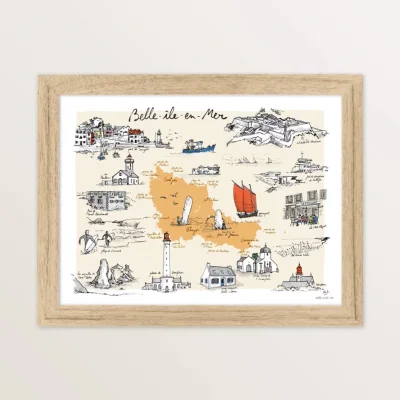 Affiche Belle île en Mer carte illustrée Bretagne Table à cartes SOUVENIRS 100% Made in France