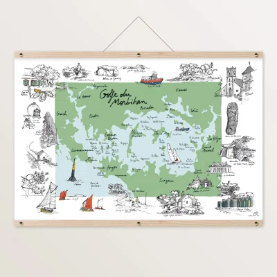 Affiche Carte illustrée Morbihan Bretagne Golfe Table à cartes SOUVENIRS 100% Made in France