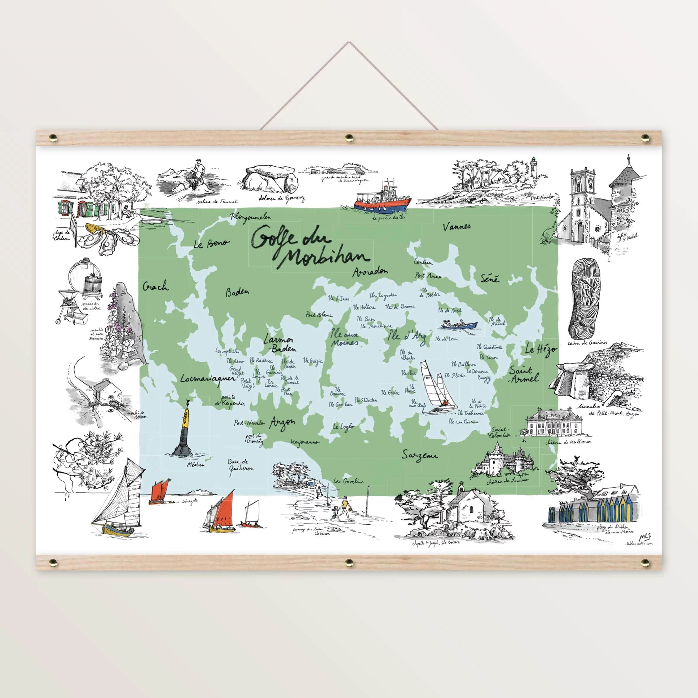 Affiche Carte illustrée Morbihan Bretagne Golfe Table à cartes SOUVENIRS 100% Made in France