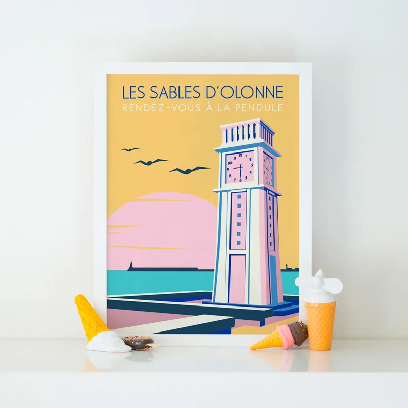 Affiche Les sables d'Olonne Pendule rose pastel pays de la loire déco souvenir souvenirs made in France fabrication française Le Beau Bazar