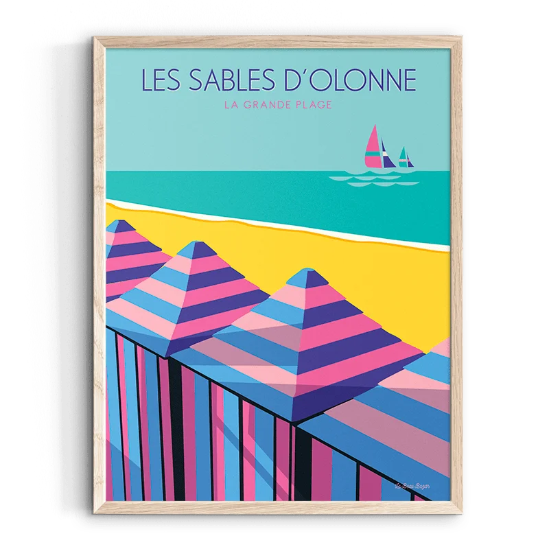 Affiche Les sables d'Olonne la grande plage pays de la loire déco souvenir souvenirs made in France fabrication française Le Beau Bazar