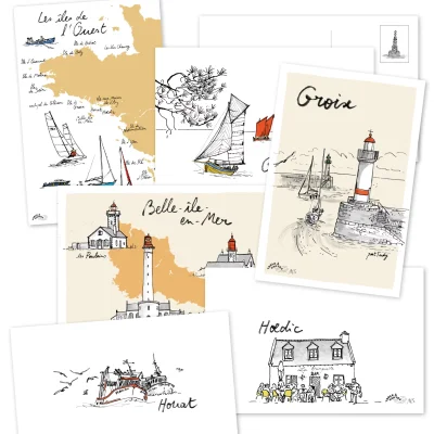 cartes postales Golf du Morbihan Bretagne Groix Belle île en Mer Houat Hoedic île d'Arz ïle aux moines Table à cartes SOUVENIRS 100% Made in France