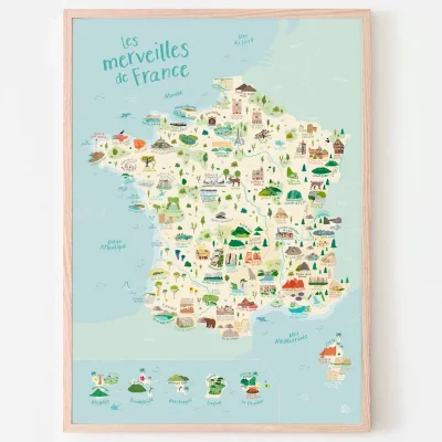 Affiche carte de france merveilles illustrée Papier Curieux souvenir souvenirs 100% made in France dessinée imprimée