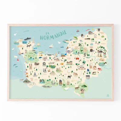 Affiche carte de normandie merveilles illustrée Papier Curieux souvenir souvenirs 100% made in France dessinée imprimée