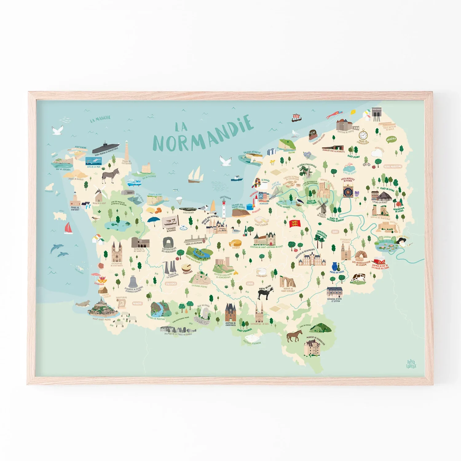 Affiche carte de normandie merveilles illustrée Papier Curieux souvenir souvenirs 100% made in France dessinée imprimée
