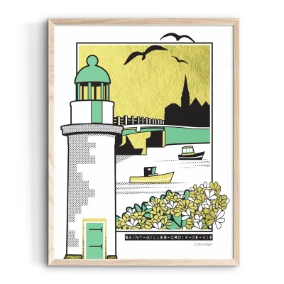 Affiche saint gilles croix de vie emblèmes effet métallisé plage cabanes phare pays de la loire déco souvenir souvenirs made in France fabrication française Le Beau Bazar