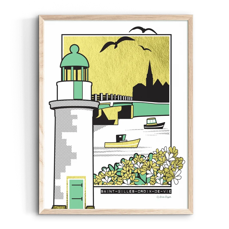 Affiche saint gilles croix de vie emblèmes effet métallisé plage cabanes phare pays de la loire déco souvenir souvenirs made in France fabrication française Le Beau Bazar
