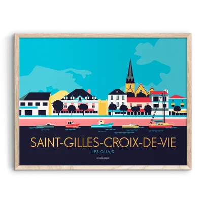 Affiche saint gilles croix de vie quais plage cabanes phare pays de la loire déco souvenir souvenirs made in France fabrication française Le Beau Bazar