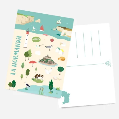 Carte postale de normandie Mont saint michel Étretat camembert merveilles illustrée Papier Curieux souvenir souvenirs 100% made in France dessinée imprimée