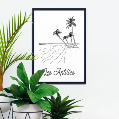 Affiche coloriage Guadeloupe Antilles tortue plage île DROM COM Plage Albane H Souvenir Souvenirs idée déco illustration française made in France cadeau