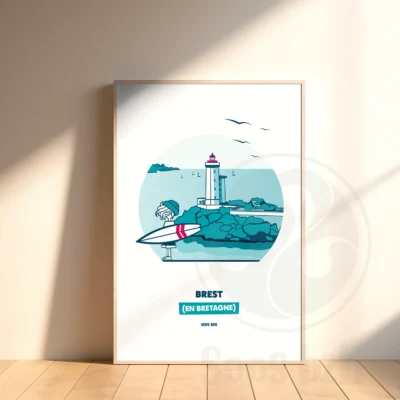 Affiche Brest phare surf illustration bretagne bretonne idée cadeau déco souvenir souvenirs france Soos Bzh