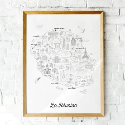 Affiche coloriage La Réunion île DROM COM Plage Albane H Souvenir Souvenirs idée déco illustration française made in France cadeau