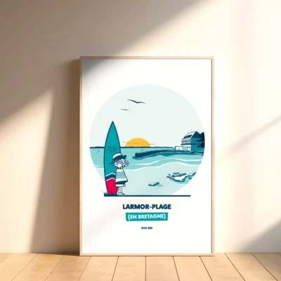 Affiche Larmor plage phare surf illustration bretagne bretonne idée cadeau déco souvenir souvenirs france Soos Bzh