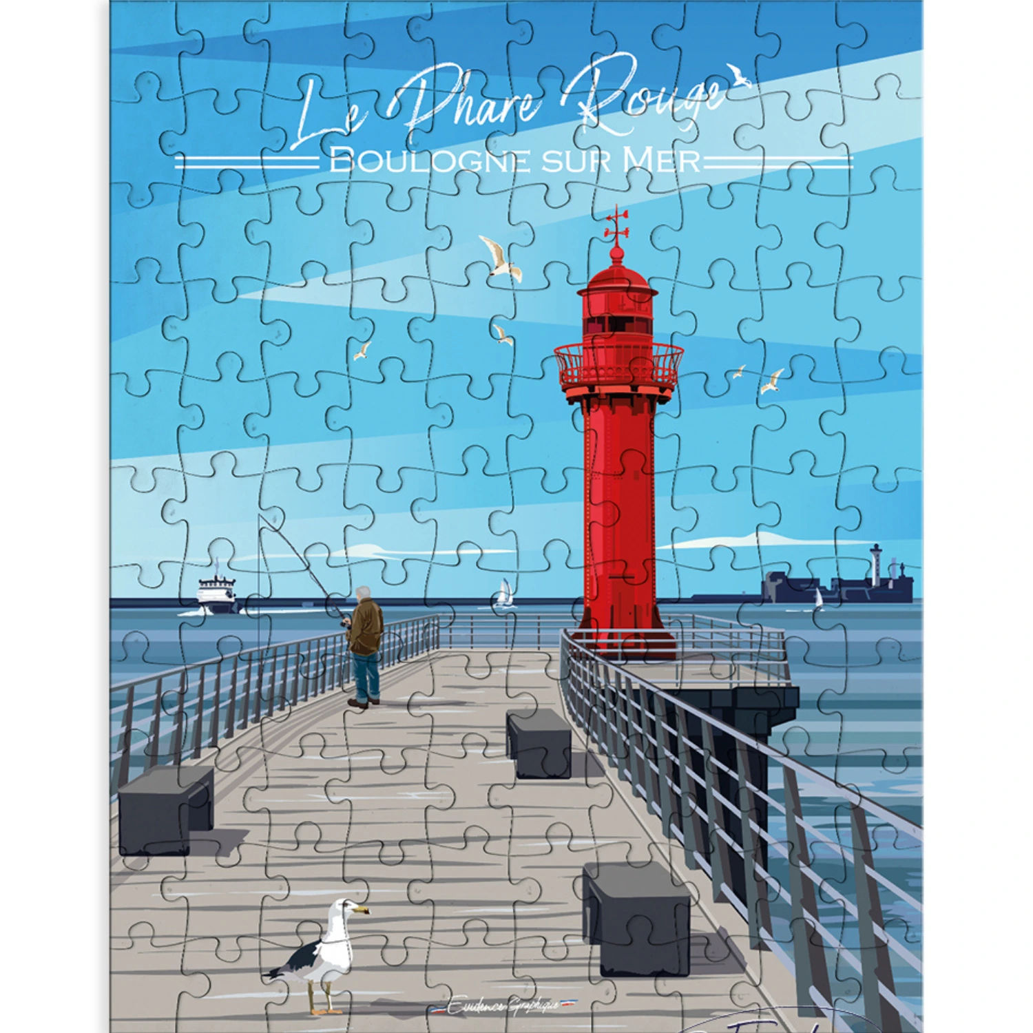 Puzzle Boulogne sur mer Phare rouge plage evidence graphique hauts de france le touquet plage idée cadeau / décoration made in france souvenirs côte d'opale